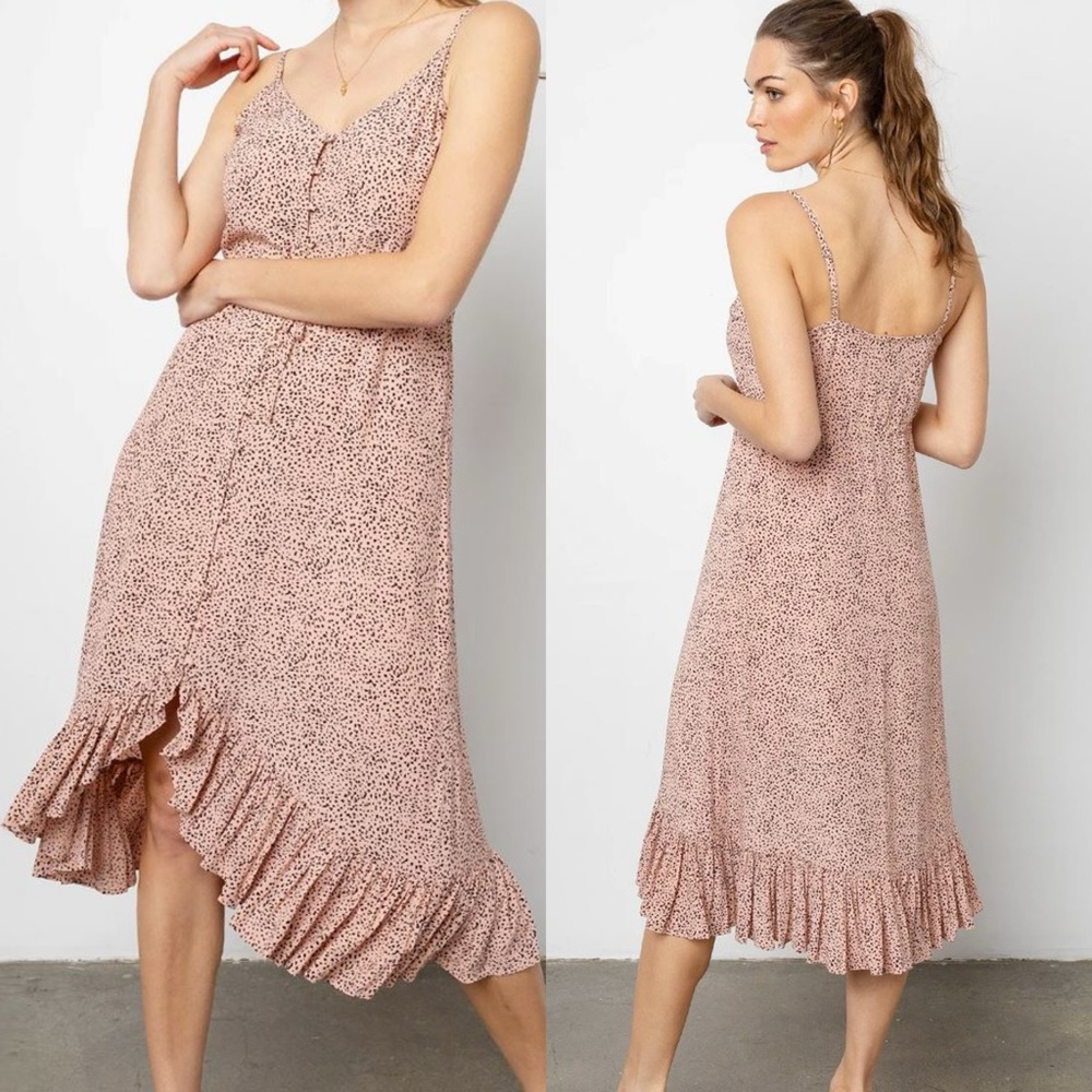 Rails Frida Button Down Midi Dress High Low Ruffle Rose Spotted Pink Women’s M